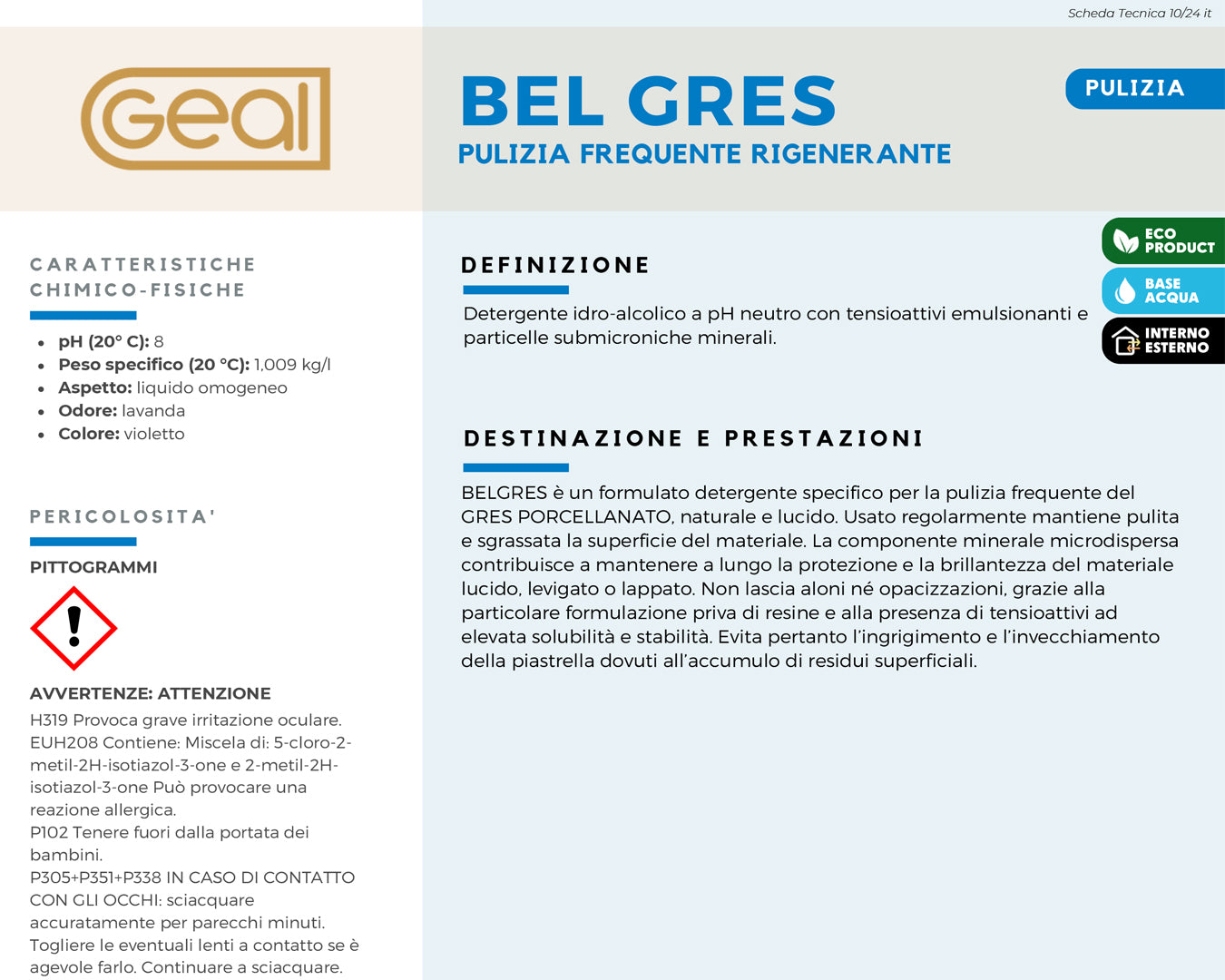 Geal Bel Gres detergente rigenerante per gres porcellanato 1 lt