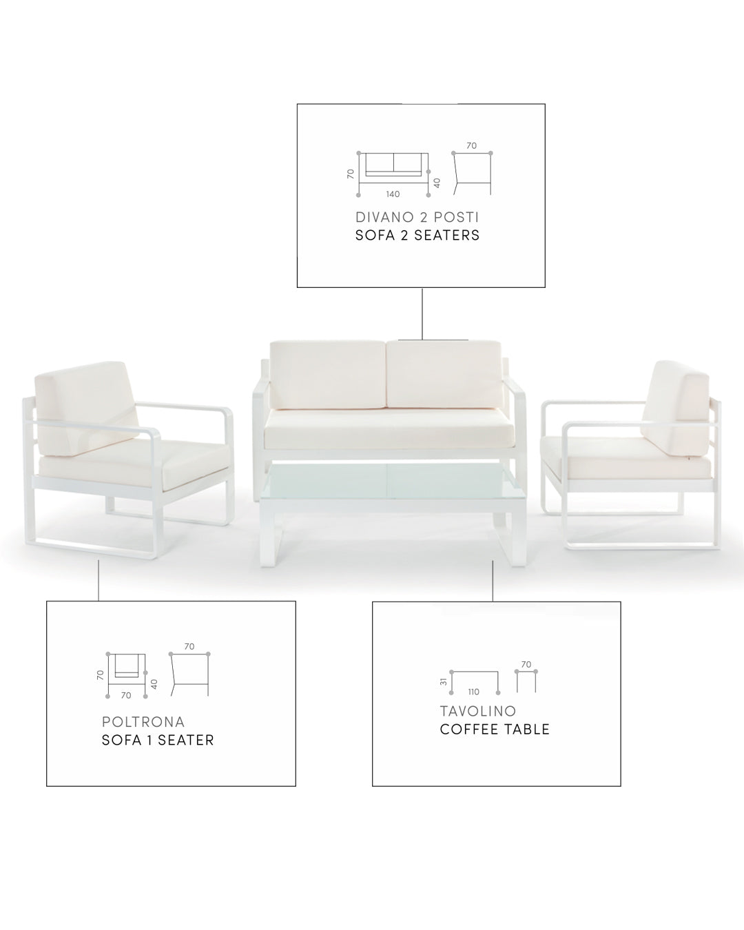 Set giardino Capri alluminio bianco con cuscini bianchi