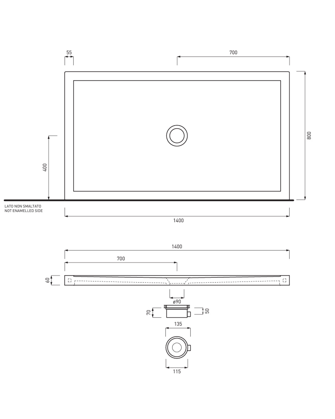 Ceramic sky - Sixty rectangular shower tray 80x140xh6 cm glossy white - PD680140