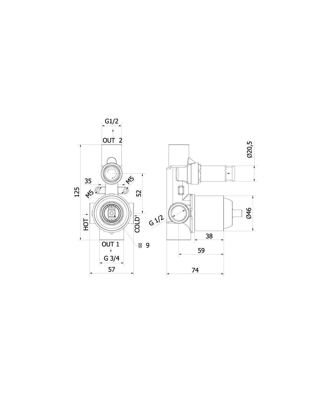 Theorem - Universal built -in body diameter 46 mm with diverter only chromium diameter 21 mm - Teo03117