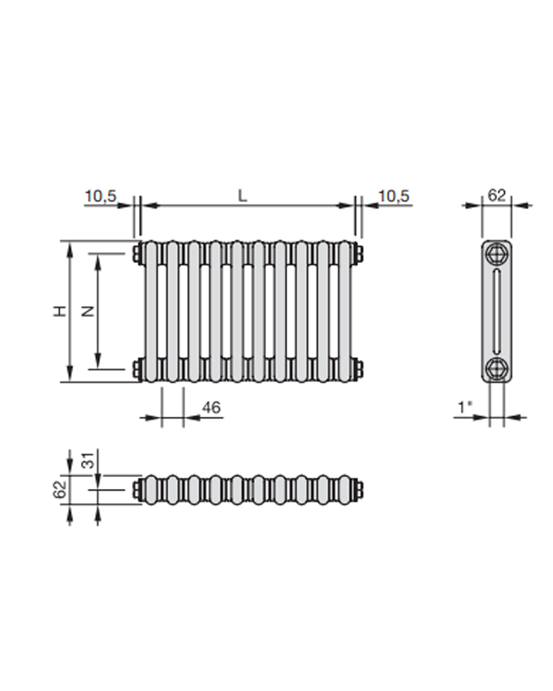 Zehnder Charleston Radiatore tubolare a 2 colonne h 2000x736 mm 16 elementi