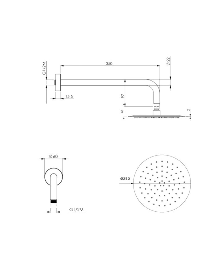 Bossini Tetis arm and shower head in satin steel