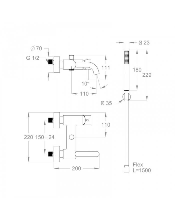 FIR ITALIA Cleo 84 External wall-mounted bathtub mixer with slim chrome hand shower