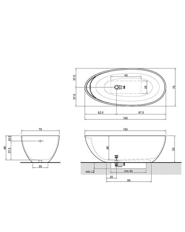 Eclipse Small Antonio Lupi Vasca libera istallazione 160x75x53 Cristalplan bianco opaco