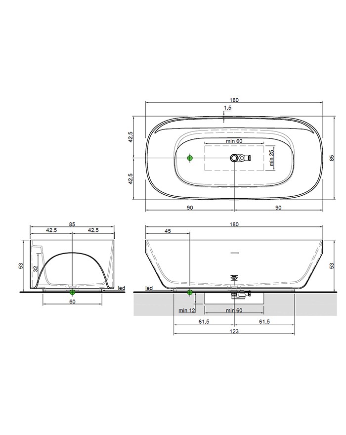 Sled Antonio Lupi Vasca libera istallazione 180x85x53 Flumood bianco opaco