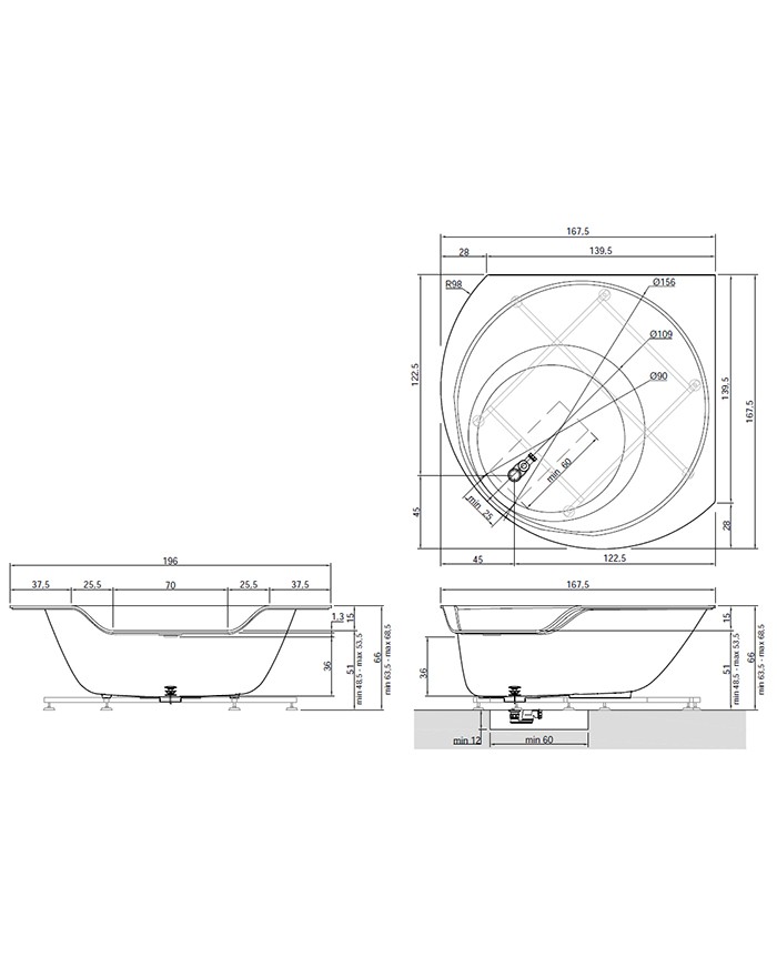 Ofuro 2 Antonio Lupi Vasca semincasso 167,5x167,5x63,5 Flumood bianco opaco