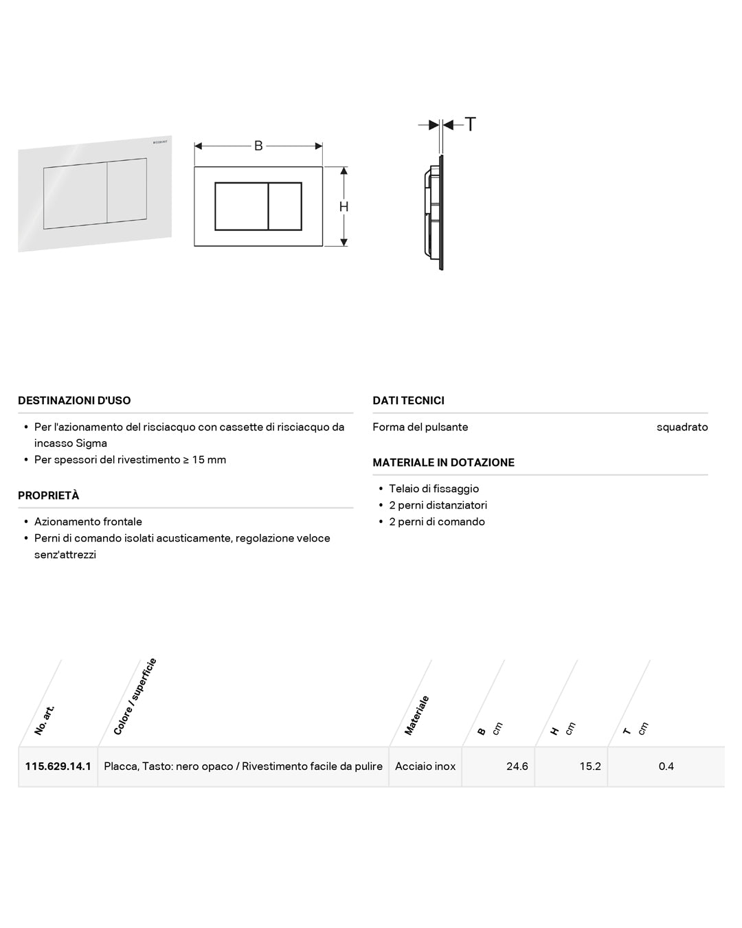 Placca Geberit Sigma40 Square bianco opaco antimpronta