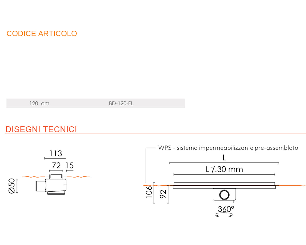 Base Drain Zero canale doccia acciaio 120 cm con griglia reversibile