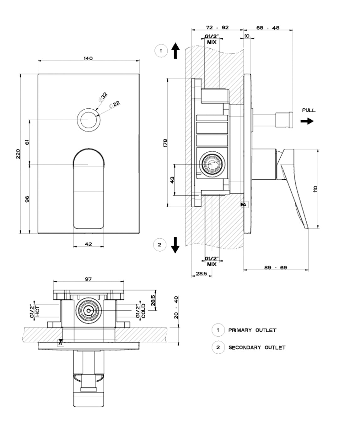 Gessi - Rilievo Miscelatore doccia con deviatore 2 uscite parte esterna - 59079