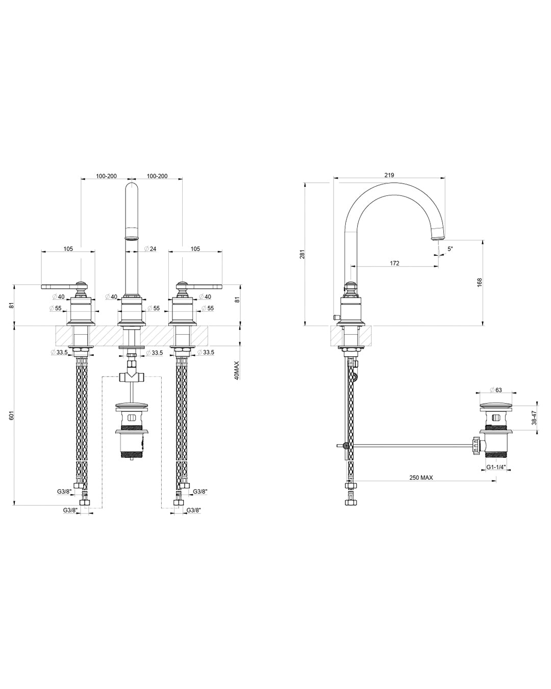 Gessi Venti20 miscelatore lavabo 3 fori con scarico