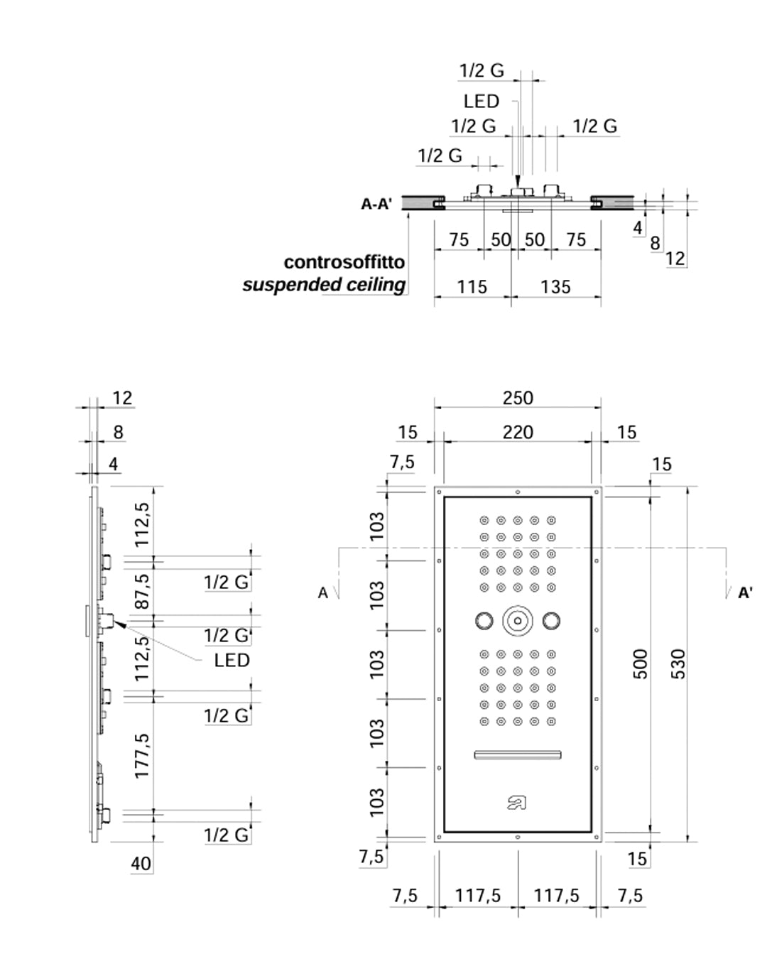 Antoniolupi – Ghost_COMBI soffione incasso Flumood LED 53x25