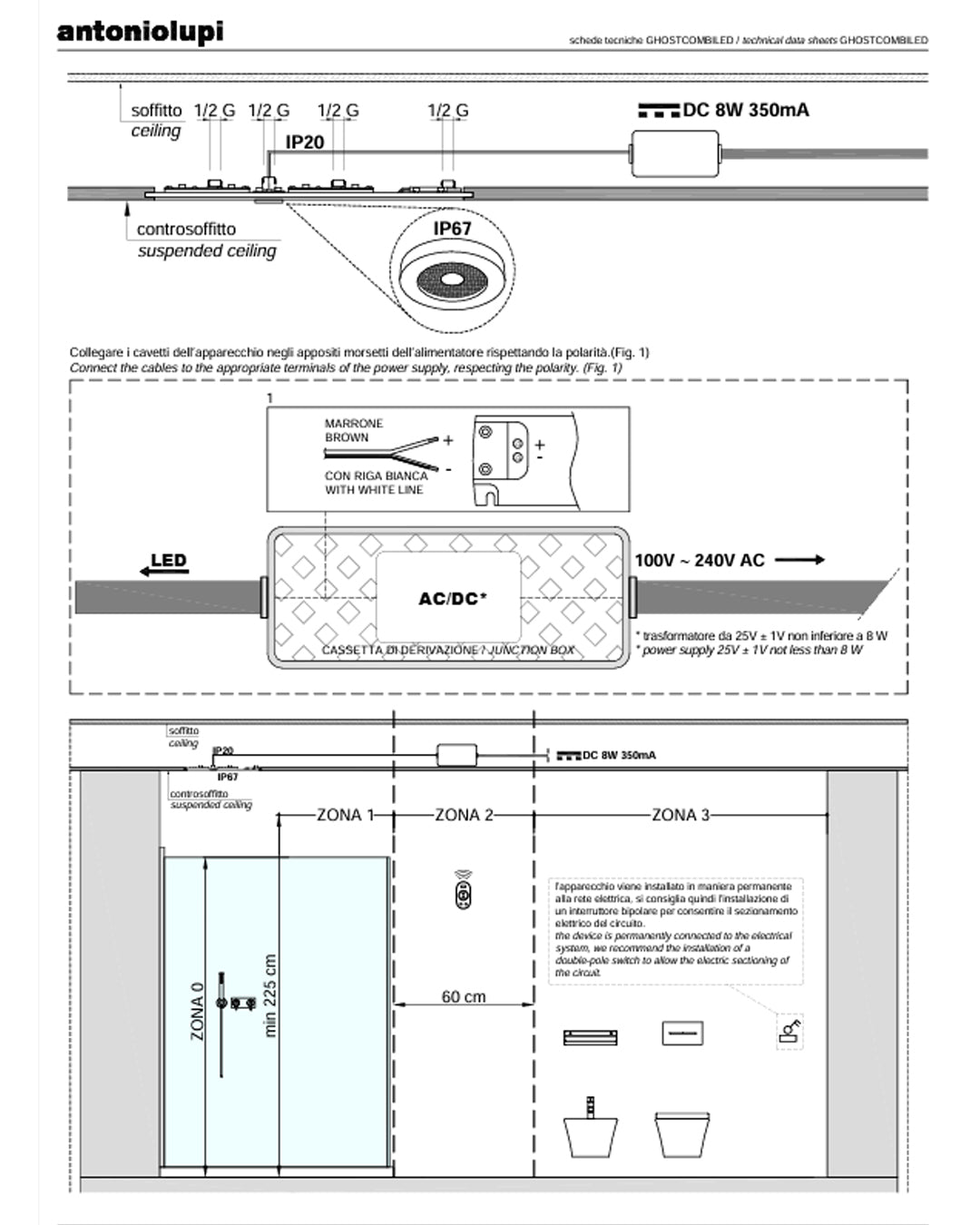 Antoniolupi – Ghost_COMBI soffione incasso Flumood LED 53x25