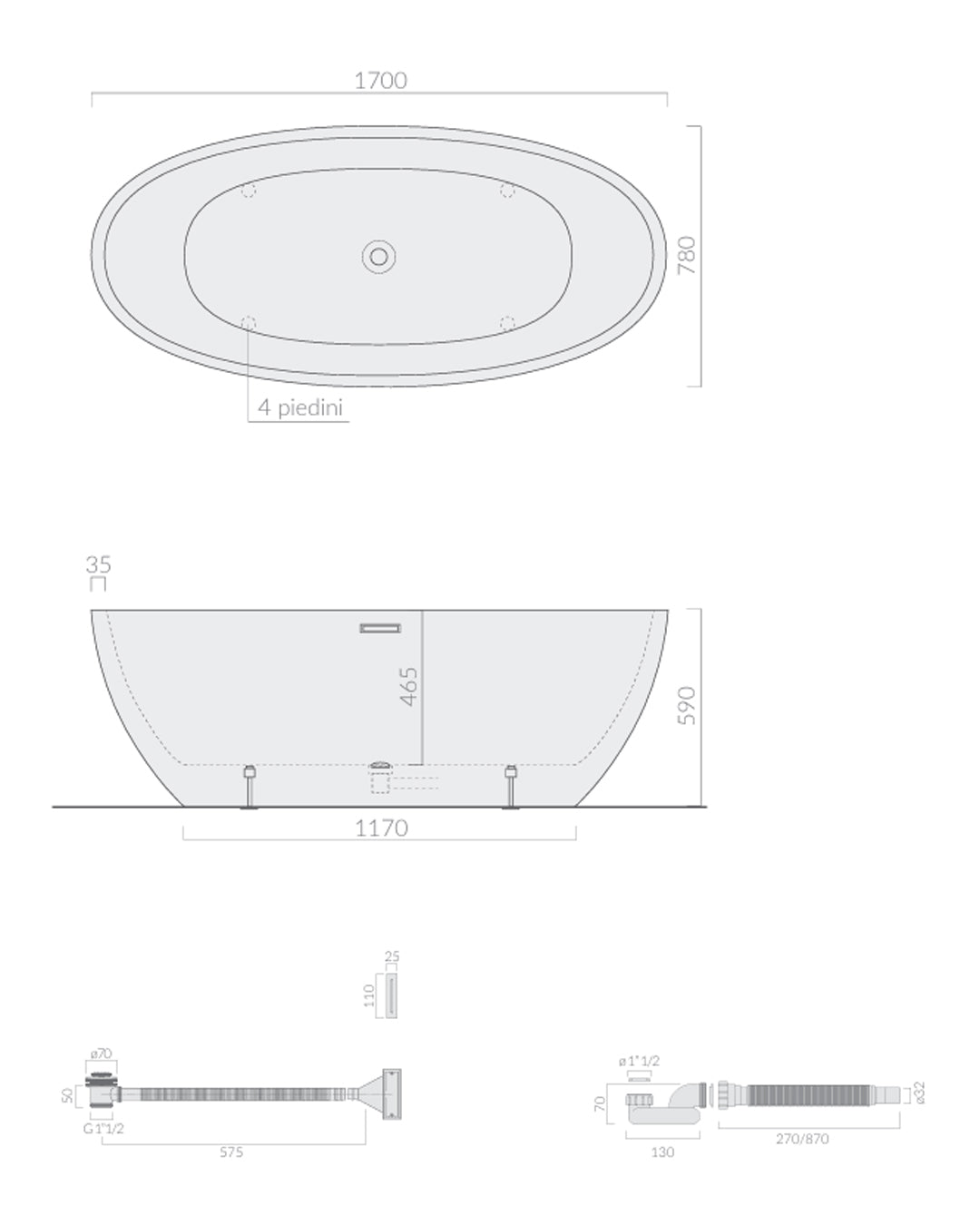 Galassia Flow vasca da bagno centro stanza 170x78 cm bianca