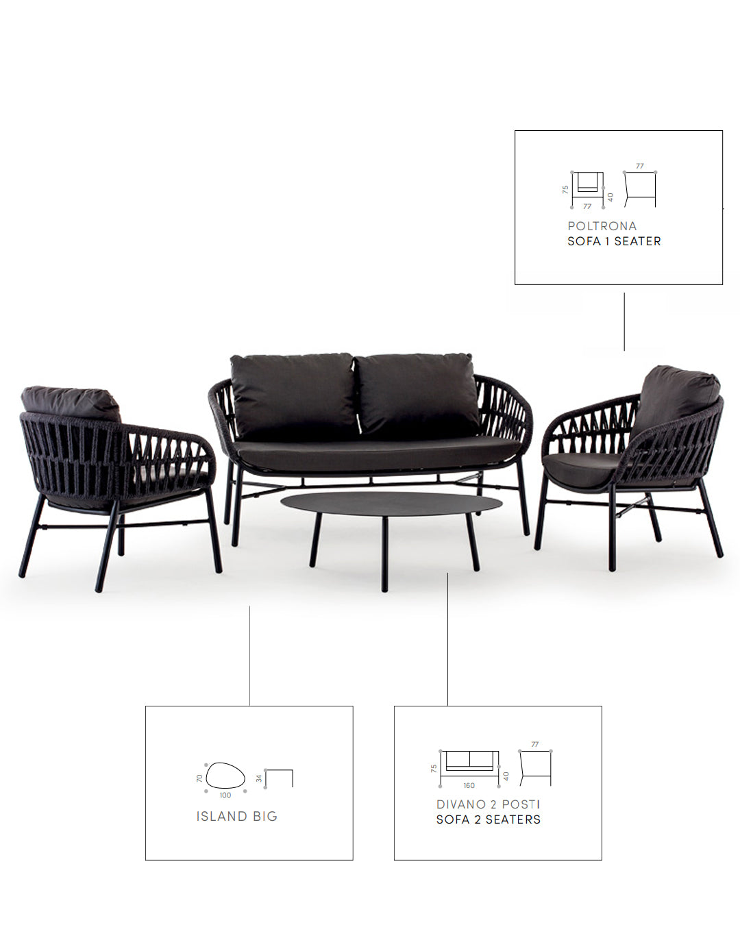 Set giardino Tahiti alluminio nero e corda dark grey