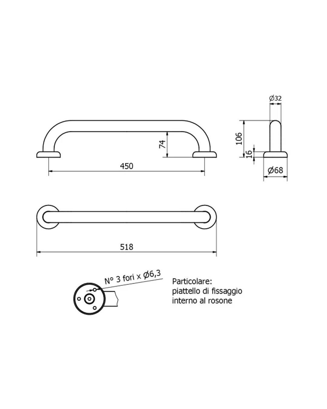 Thermomat – Maniglione lineare a parete bianco 45 cm