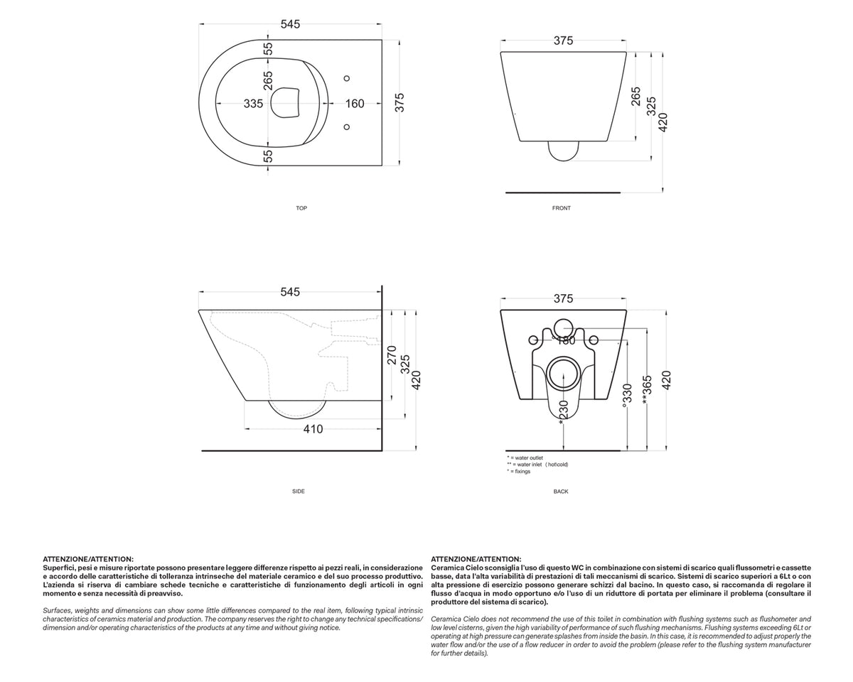 Ceramica Cielo Mare vaso sospeso Rimless wc senza brida bianco