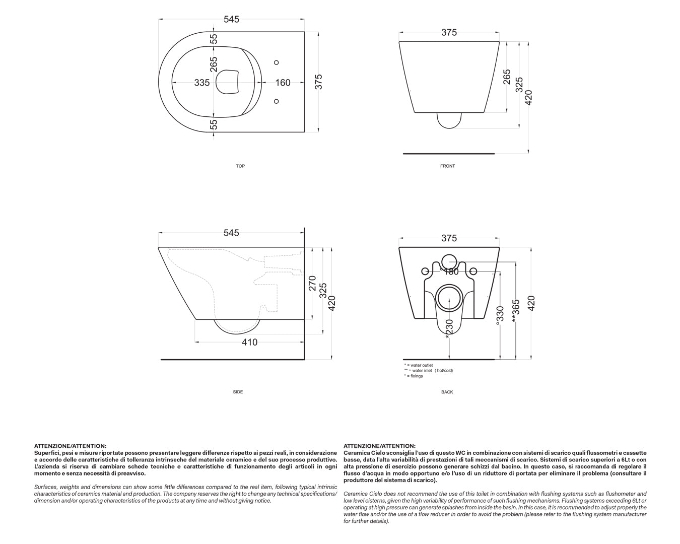 Ceramica Cielo Mare vaso sospeso Rimless wc senza brida bianco