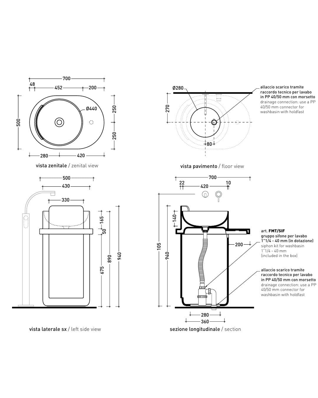 Lavabo freestanding Flaminia Norma 70x50 con scarico a pavimento