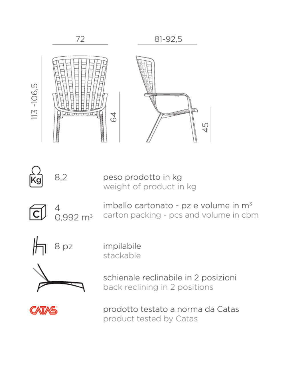 Nardi Folio poltrona reclinabile da giardino in resina