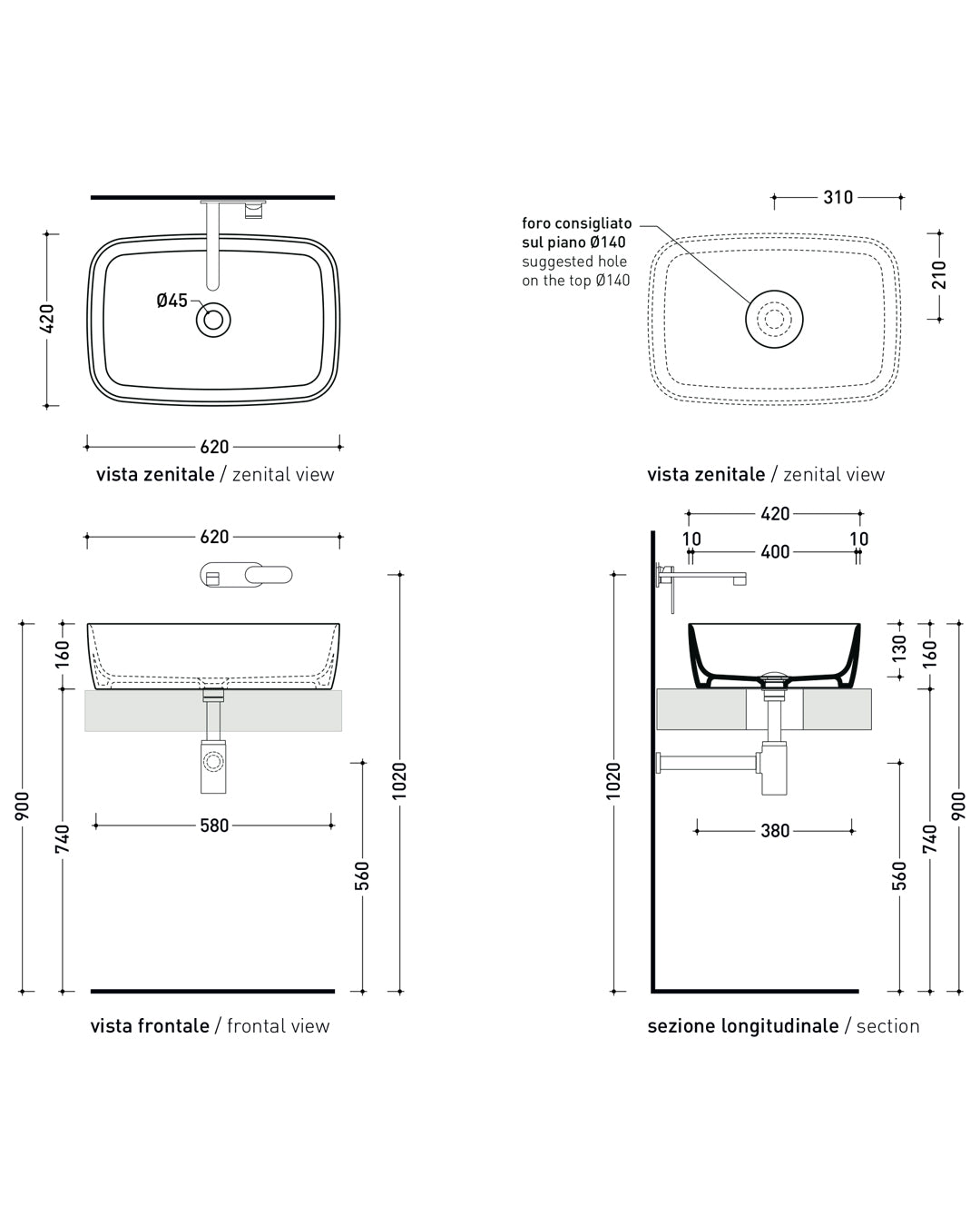 Flaminia Play lavabo da appoggio bianco lucido 62x42