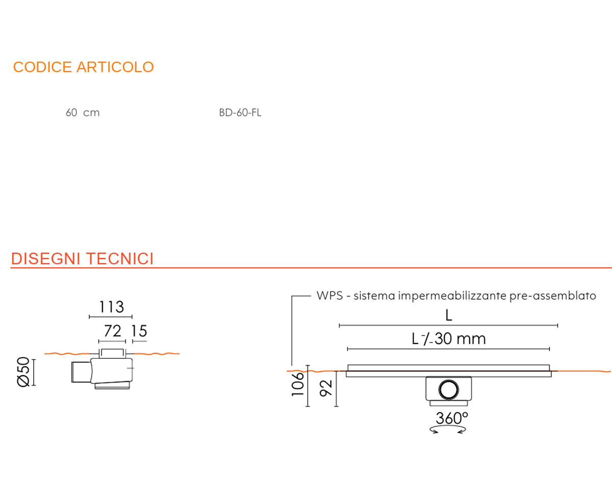 Base Drain Zero canale doccia acciaio 60 cm con griglia reversibile