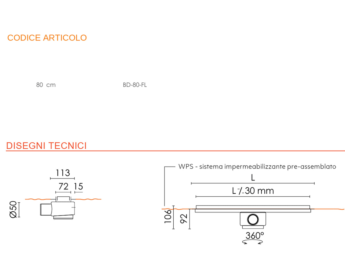Base Drain Zero canale doccia acciaio 80 cm con griglia reversibile